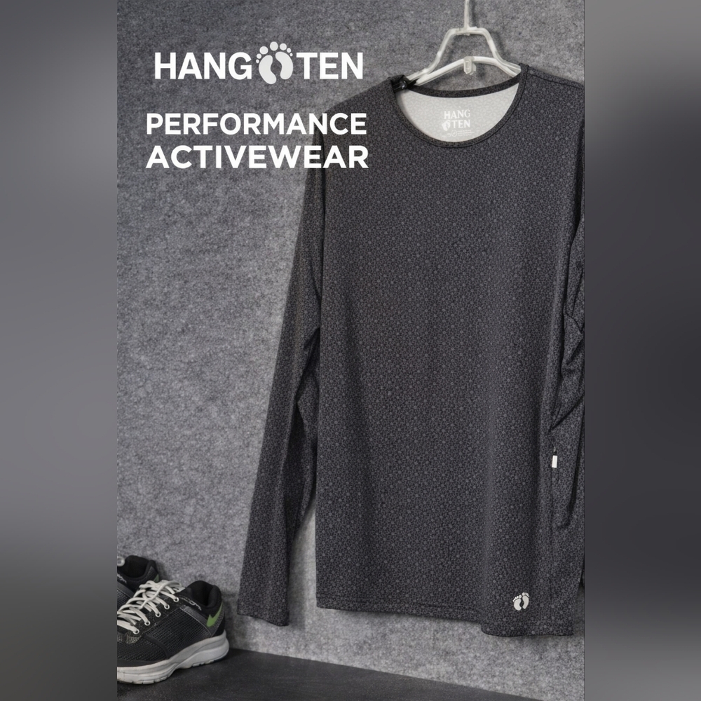 Hang Ten Performance Long Sleeve Athletic Top Gray Geometric Print Size Large